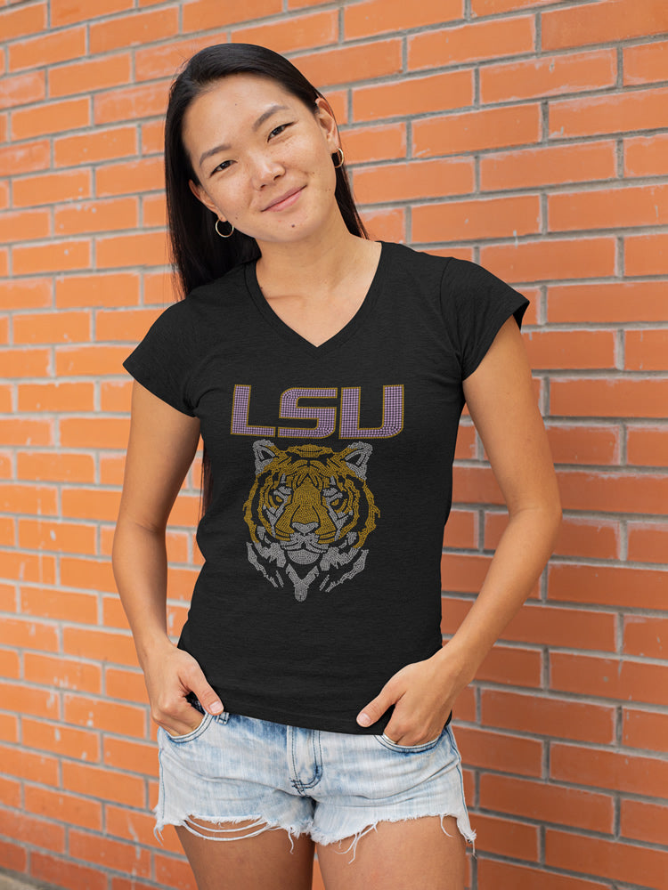 LSU Tiger Rhinestone T-shirt; Louisiana State University; Large design; Design-LS6