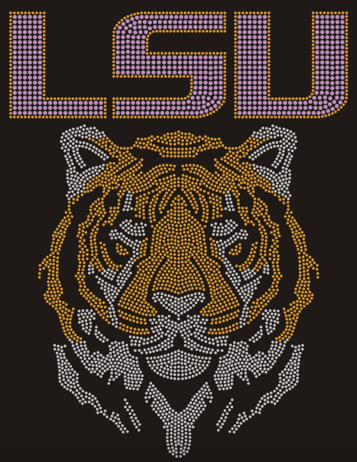 LSU Tiger Rhinestone T-shirt; Louisiana State University; Large design; Design-LS6