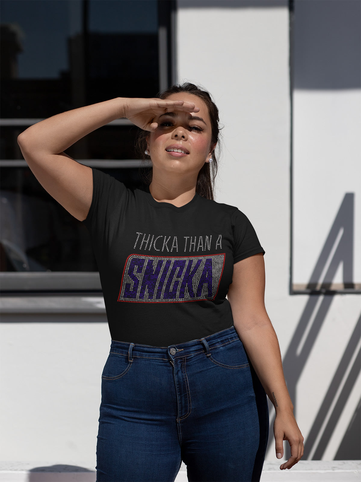 Thicka Than A Snicka Rhinestone T-shirt; Design-WMN1