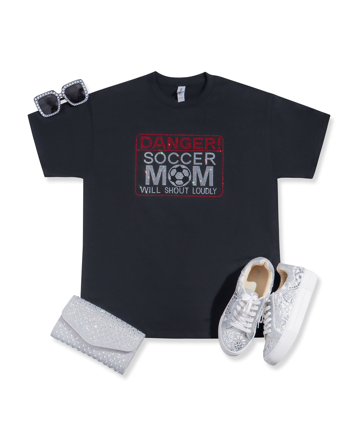 DANGER! SOCCER MOM WILL SHOULD LOUDLY Rhinestone T-shirt; Design-SOC4