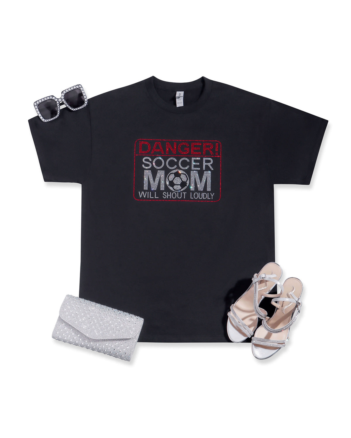 DANGER! SOCCER MOM WILL SHOULD LOUDLY Rhinestone T-shirt; Design-SOC4