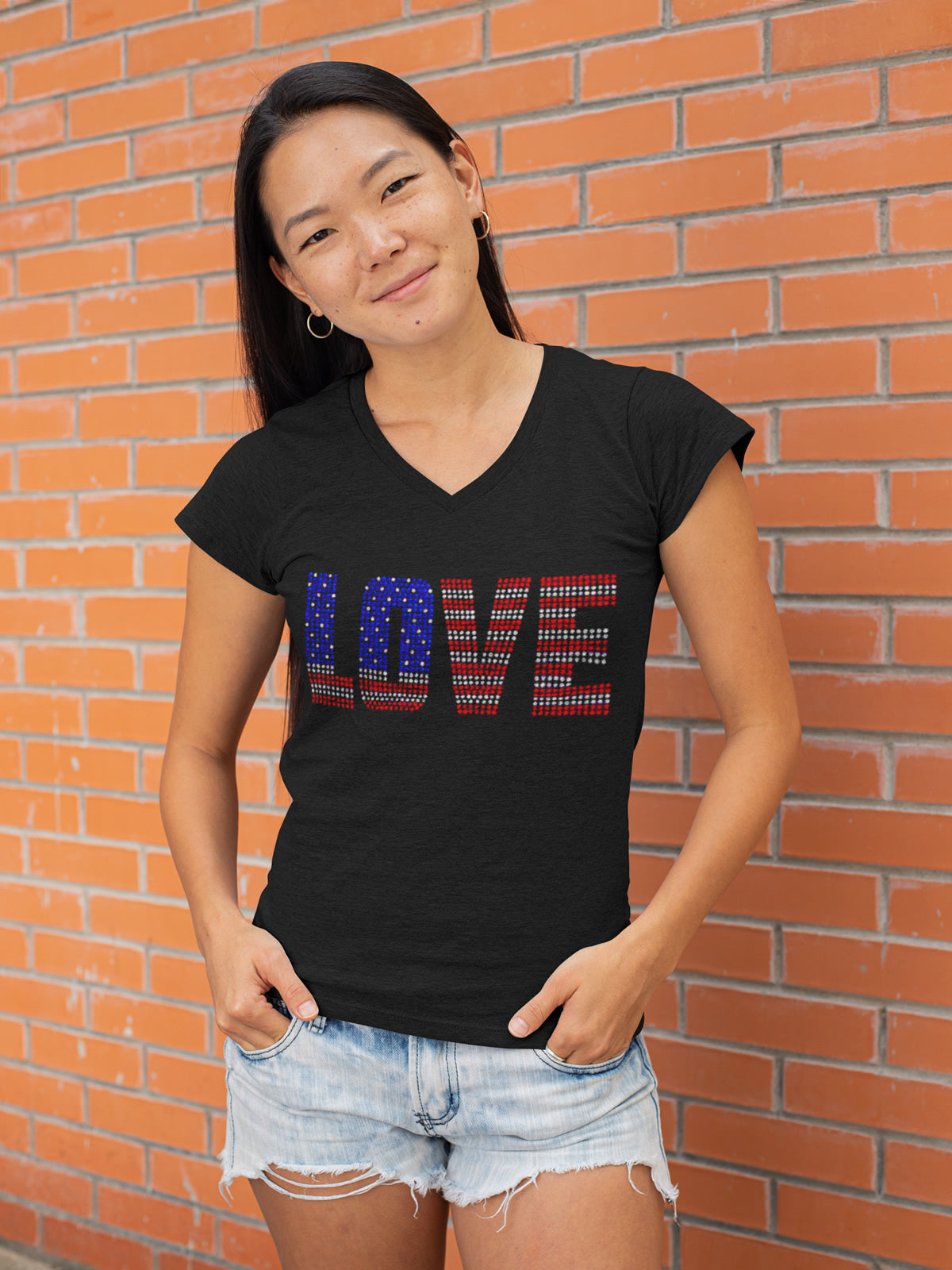 LOVE Flag Design Rhinestone T-shirt; holidays, United States, US, USA; Design FLAG-3