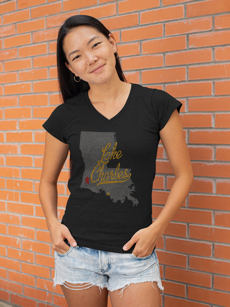 Lake Charles and Louisiana (State) Rhinestone T-shirt; Large design; ***FYI: Black rhinestones may appear gray on a black mock-up! Design-LC1