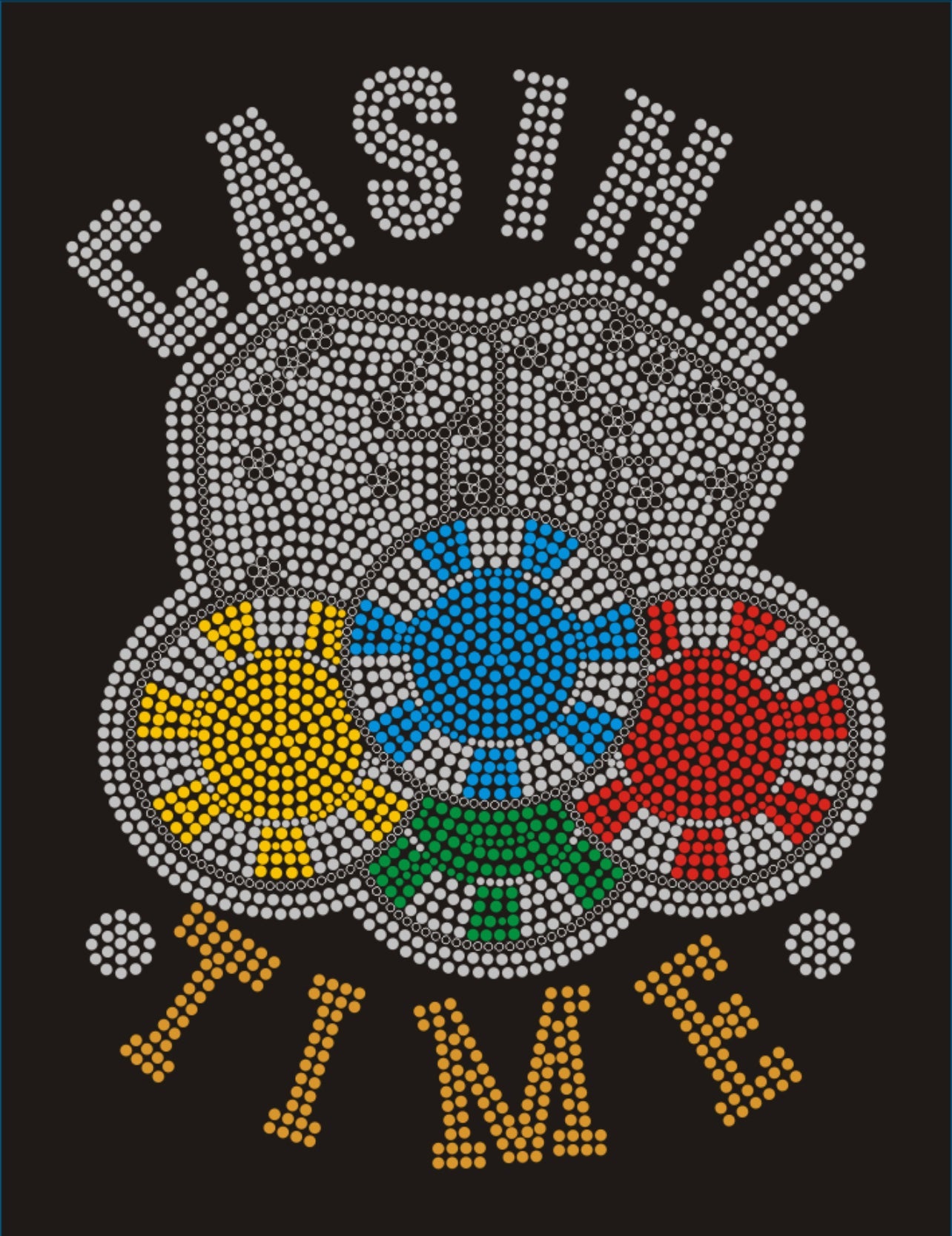 CASINO TIME Colorful Rhinestone T-shirt; cards, chips, dice; Large design; ***FYI: Black rhinestones will appear gray on a black mock-up! Design-CAS3