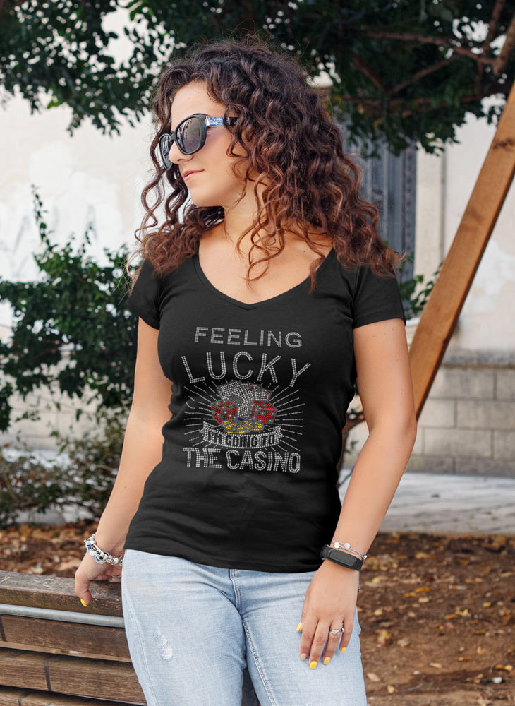 Feeling Lucky I'm Going to the Casino Colorful Rhinestone T-shirt; cards, dice, chips; Large design; Design-CAS4