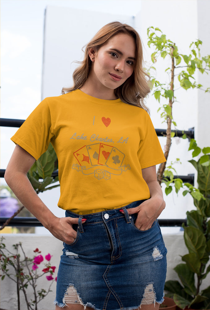 I Love Lake Charles, LA Casino Rhinestone T-shirt; Louisiana, cards, dice; Large design; ***FYI: Black rhinestones may appear gray on a black mock-up! Design-LC2