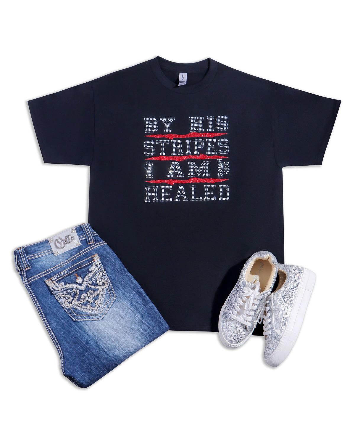 BY HIS STRIPES I AM HEALED, ISAIAH 53:5 Rhinestone & Vinyl T-shirt; religious; Design-RELG18