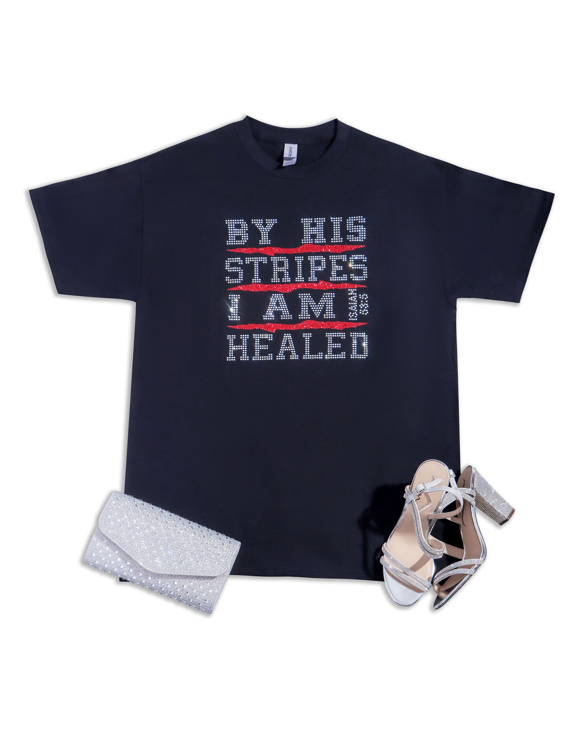 BY HIS STRIPES I AM HEALED, ISAIAH 53:5 Rhinestone & Vinyl T-shirt; religious; Design-RELG18