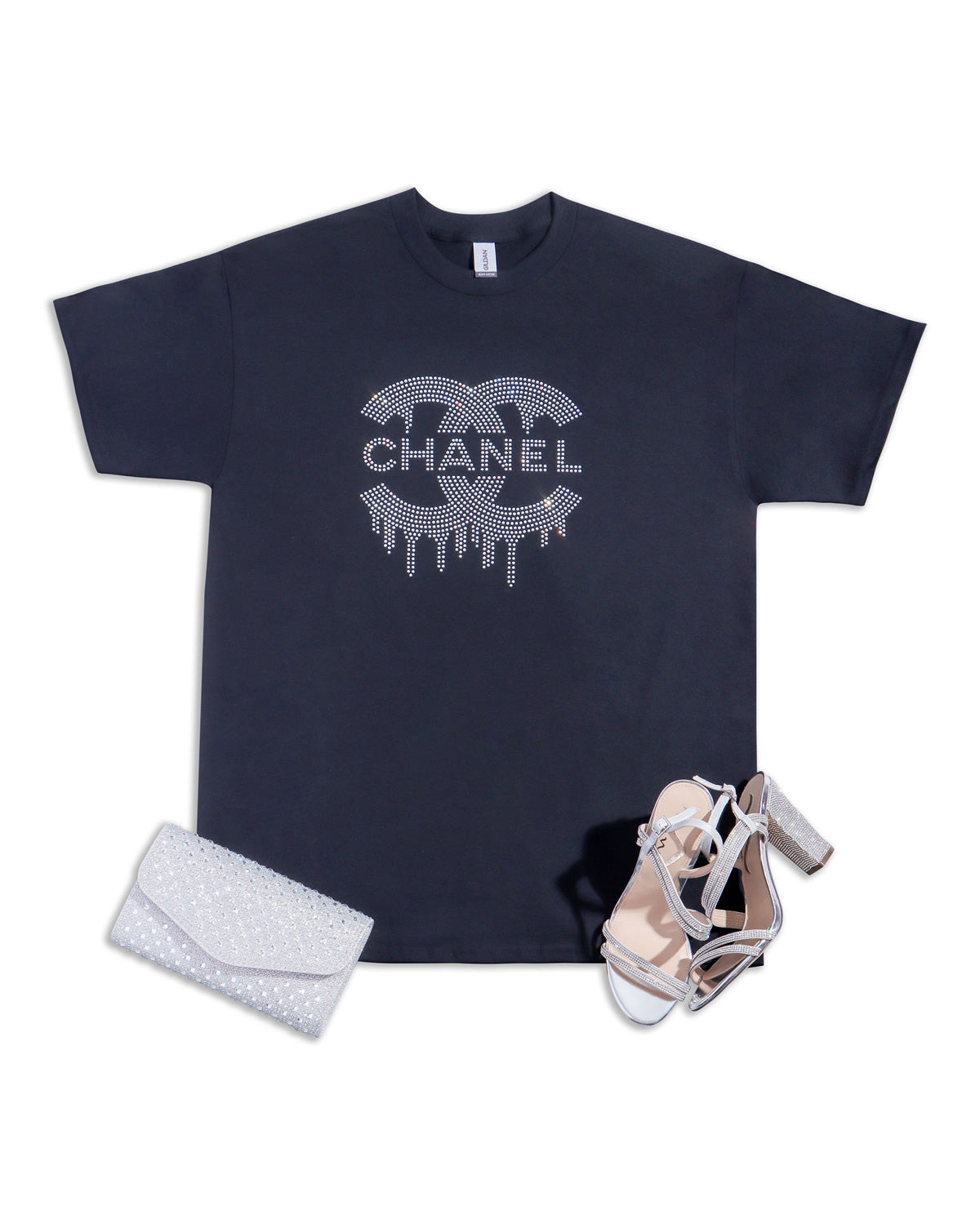 CHANEL Drip Rhinestone T-shirt; CC; Design-C8