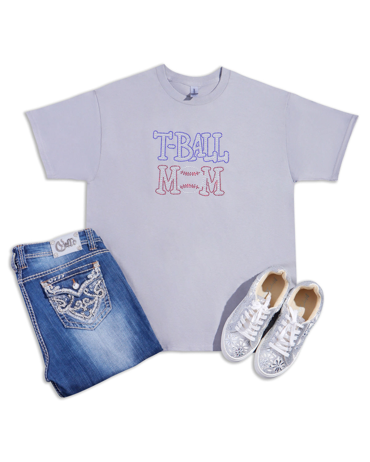T-BALL MOM Rhinestone T-shirt; Design TBALL-1