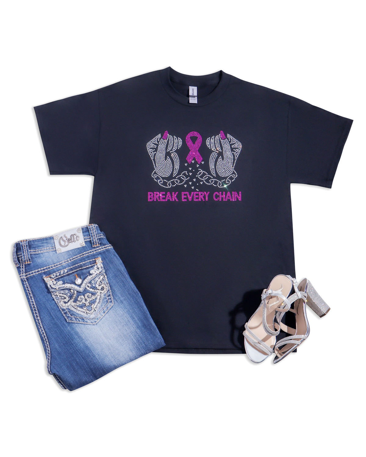 BREAK EVERY CHAIN Rhinestone T-shirt; Breast Cancer; pink ribbon; Design-BC11