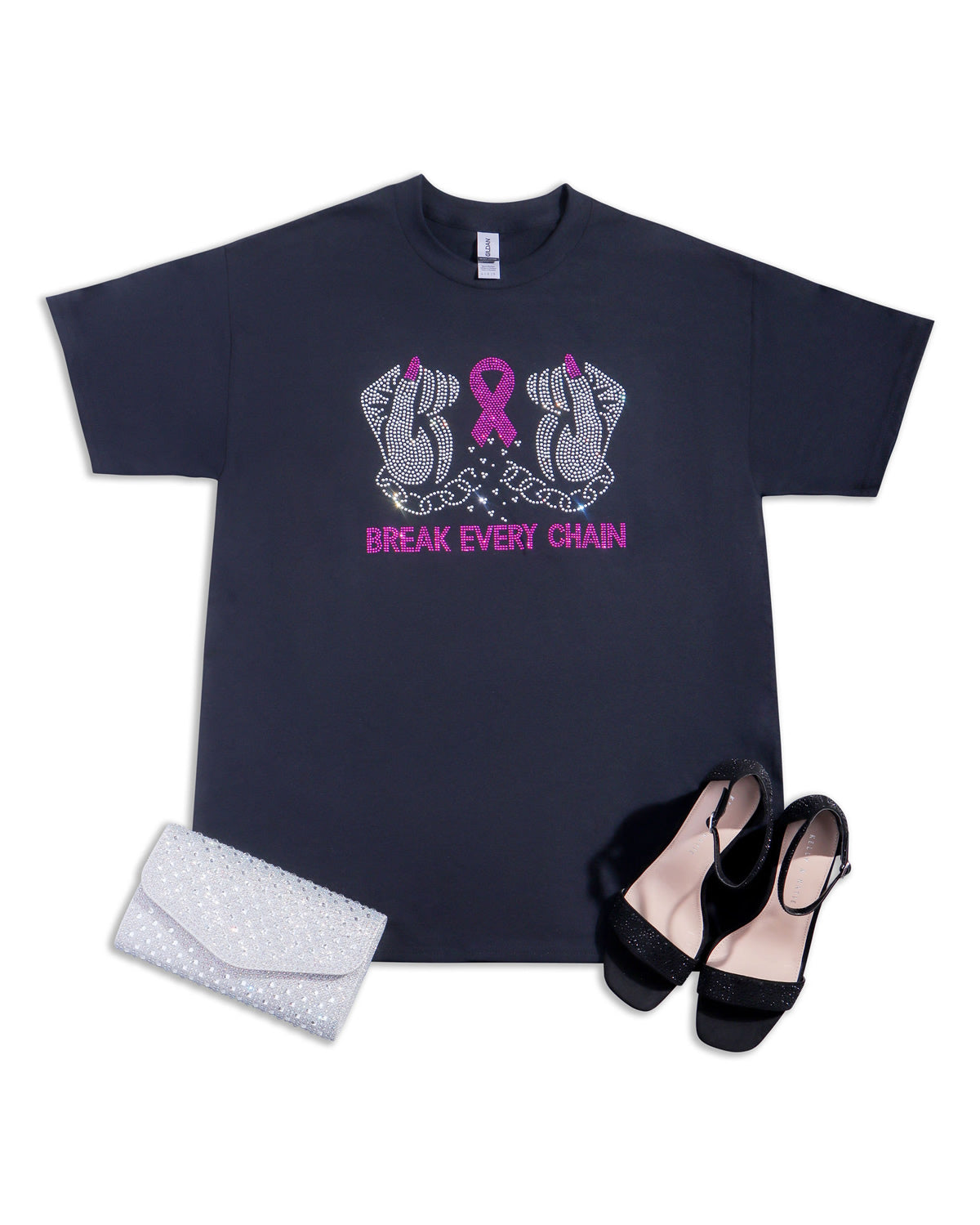 BREAK EVERY CHAIN Rhinestone T-shirt; Breast Cancer; pink ribbon; Design-BC11