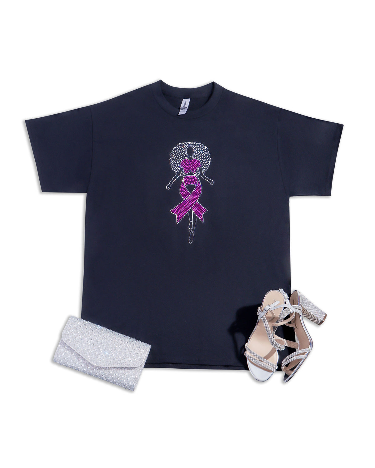 Big Hair Lady with Pink Ribbon Skirt Rhinestone T-shirt; Breast Cancer; Design-BC2