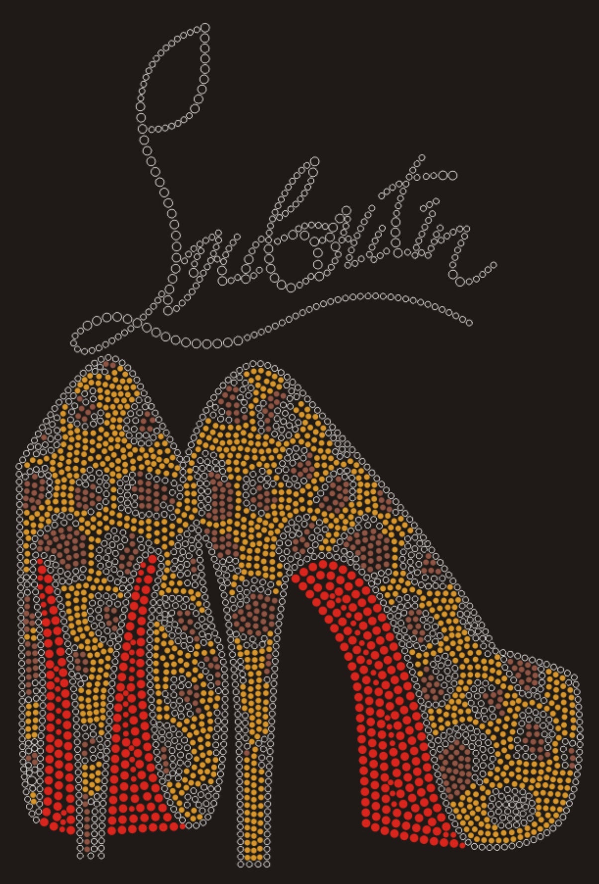 Louboutin Leopard Heels Rhinestone T-shirt; Christian; Large design; ***FYI: Black rhinestones may appear gray on a mock-up! Design-CL1