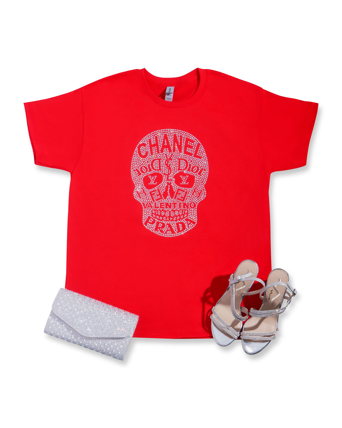 CHANEL Dior YSL LV Fendi Valentino Prada Skull Rhinestone T-shirt; Design-C12