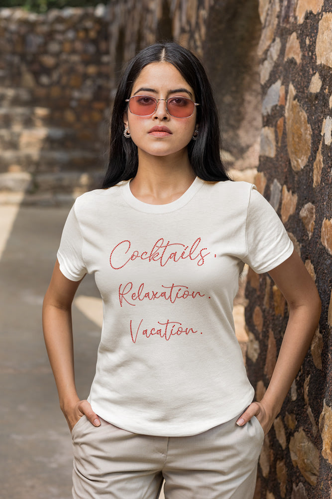 Cocktails. Relaxation. Vacation. Rhinestone T-shirt; travel; Design-TRV1