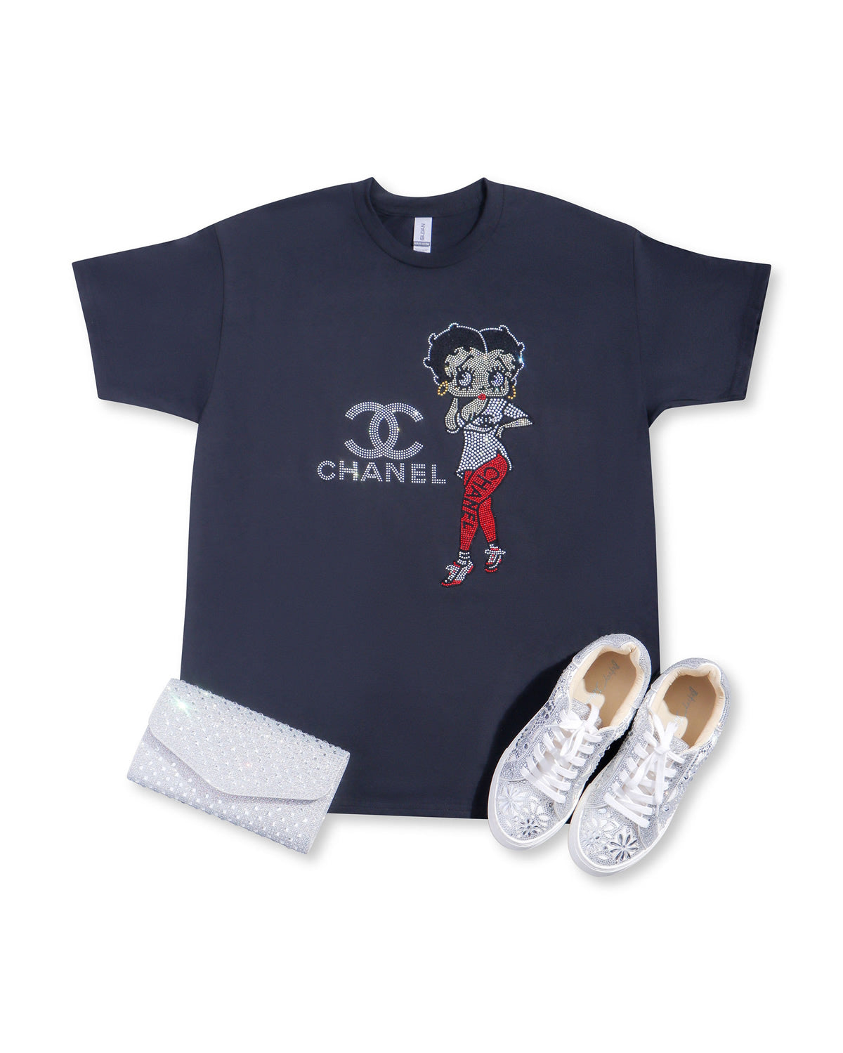 CHANEL Betty Boop Red Pants Rhinestone T-shirt; CC, large design; Design-C11BBW