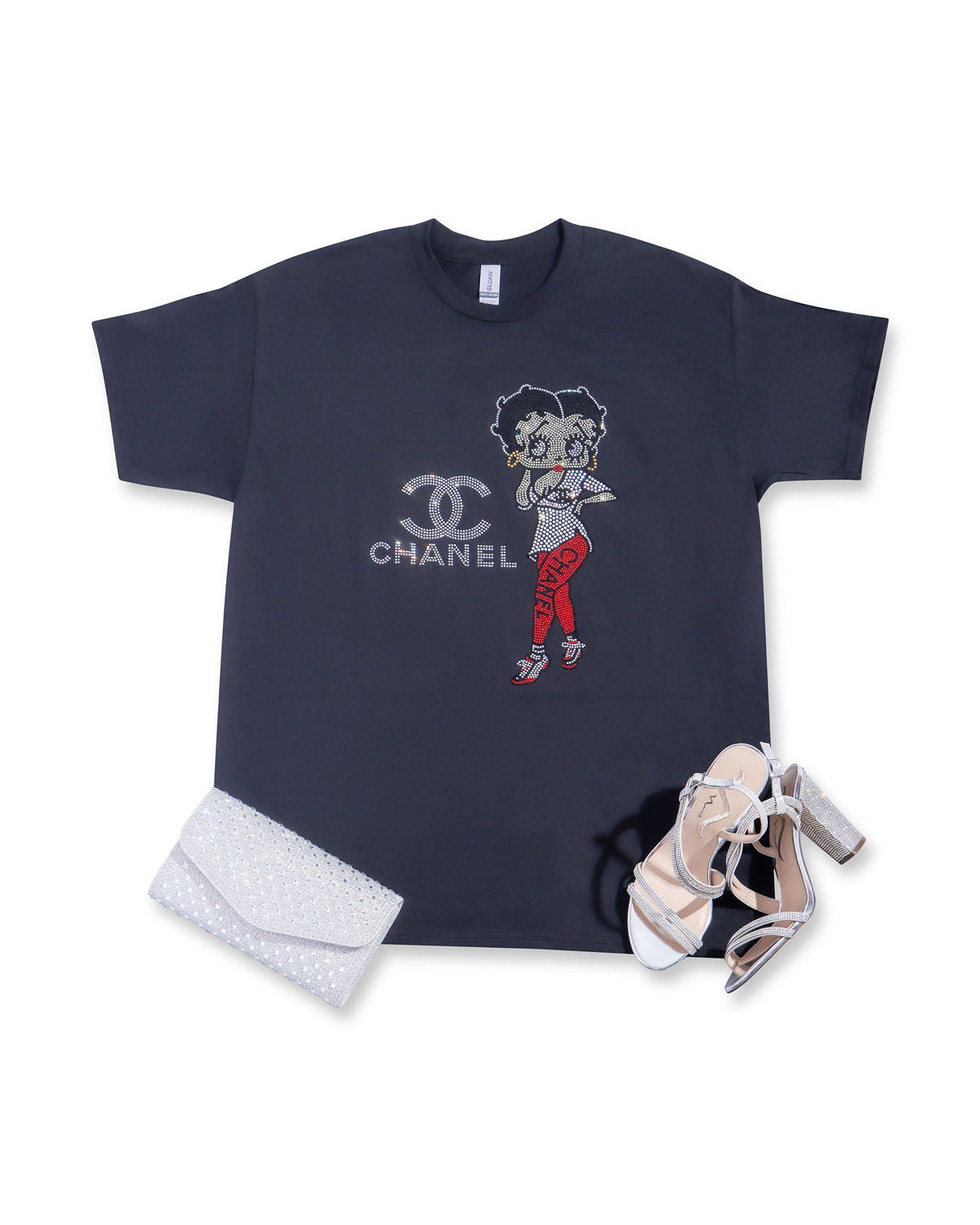 CHANEL Betty Boop Red Pants Rhinestone T-shirt; CC, large design; Design-C11BBW