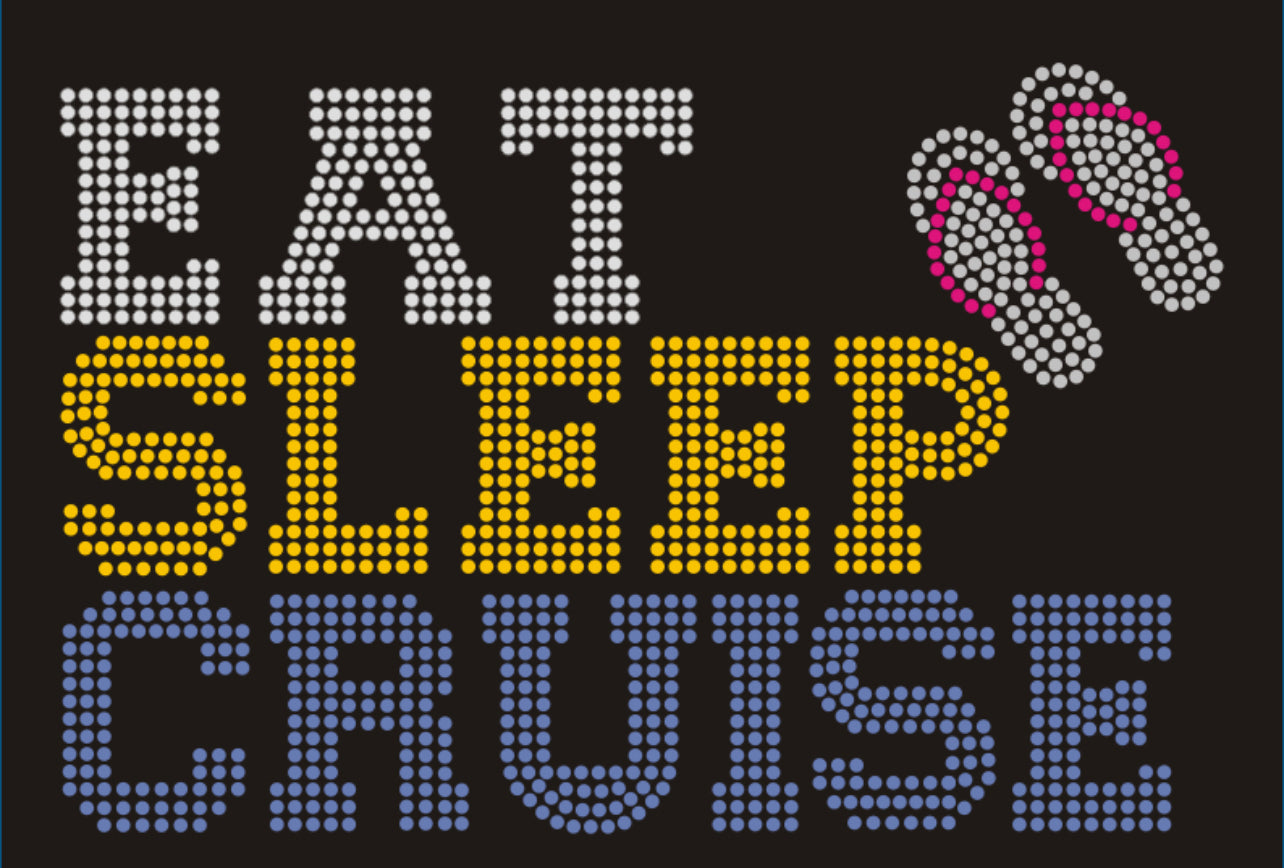Eat Sleep Cruise Rhinestone T-shirt; travel, cruise, flip flops; Design-CRU1