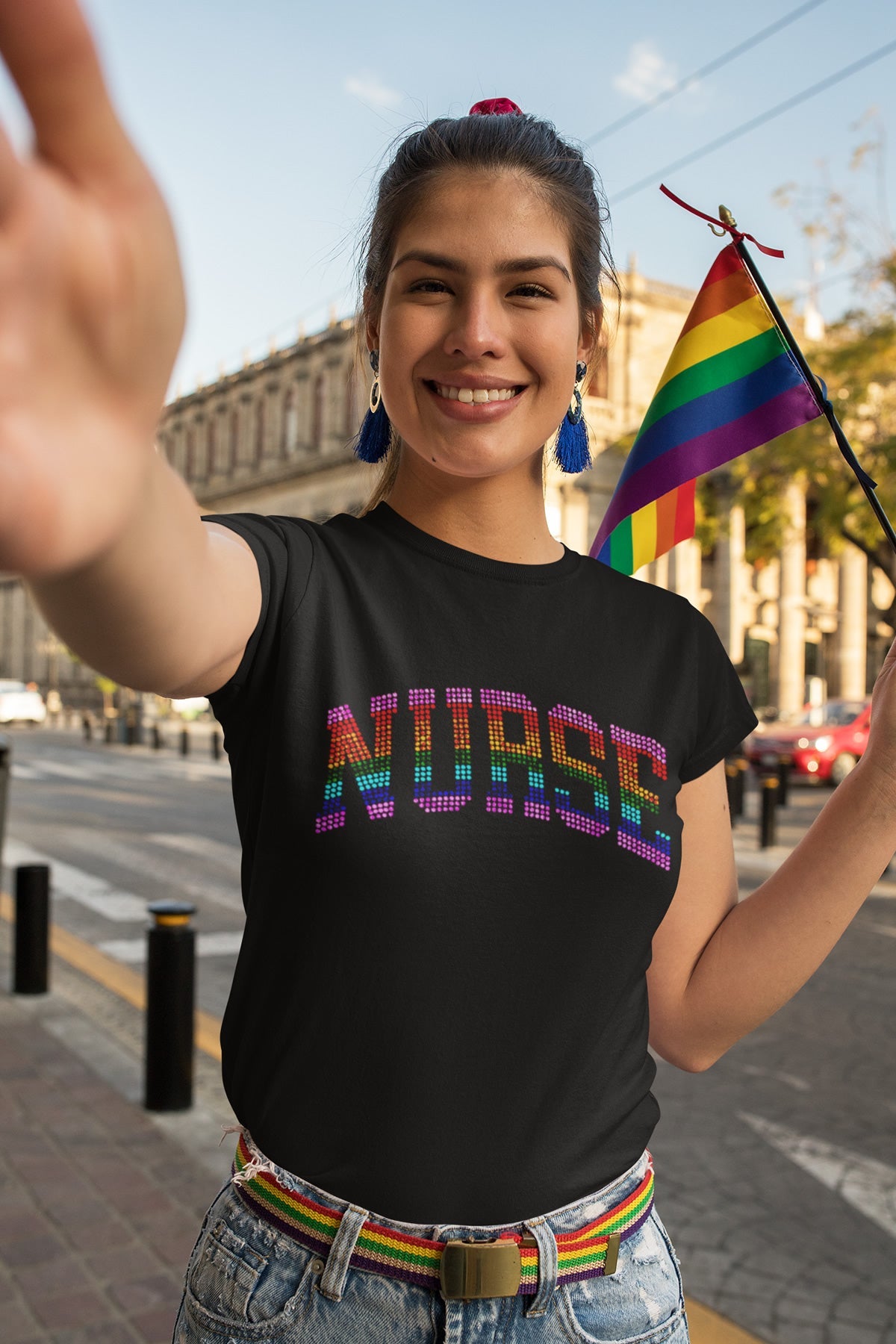 NURSE Rainbow Rhinestone T-shirt; nursing; Design PRIDE-7