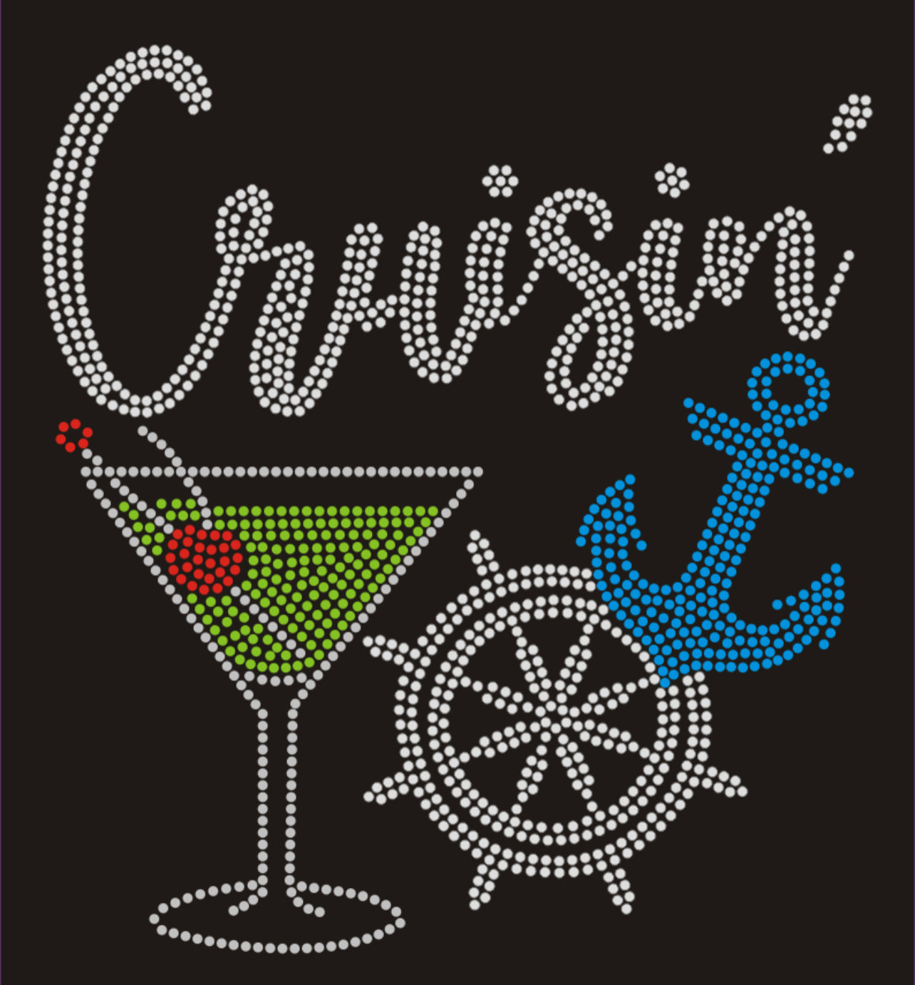 Cruisin' Colorful Rhinestone T-shirt; cruise, anchor, wheel, glass; Large design; Design-CRU3