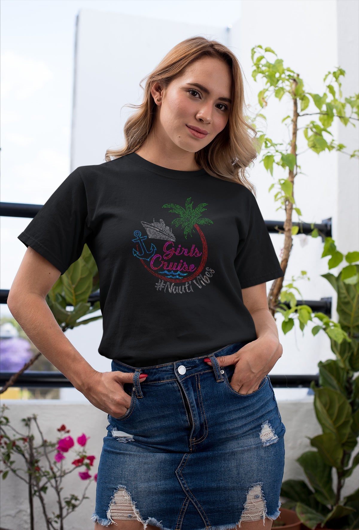 Girls Cruise #NautiVibes Rhinestone T-shirt; ship, palm tree; anchor; Large design; Design-CRU7