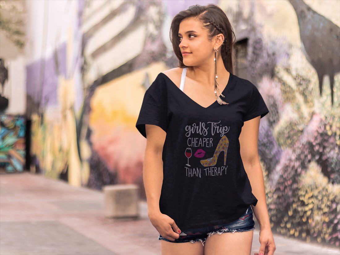 Girls Trip Cheaper Than Therapy Rhinestone T-shirt; heel, lips, wine glass; Large design; ***FYI: Black rhinestones will appear gray on a black mock-up! Design-TRV2