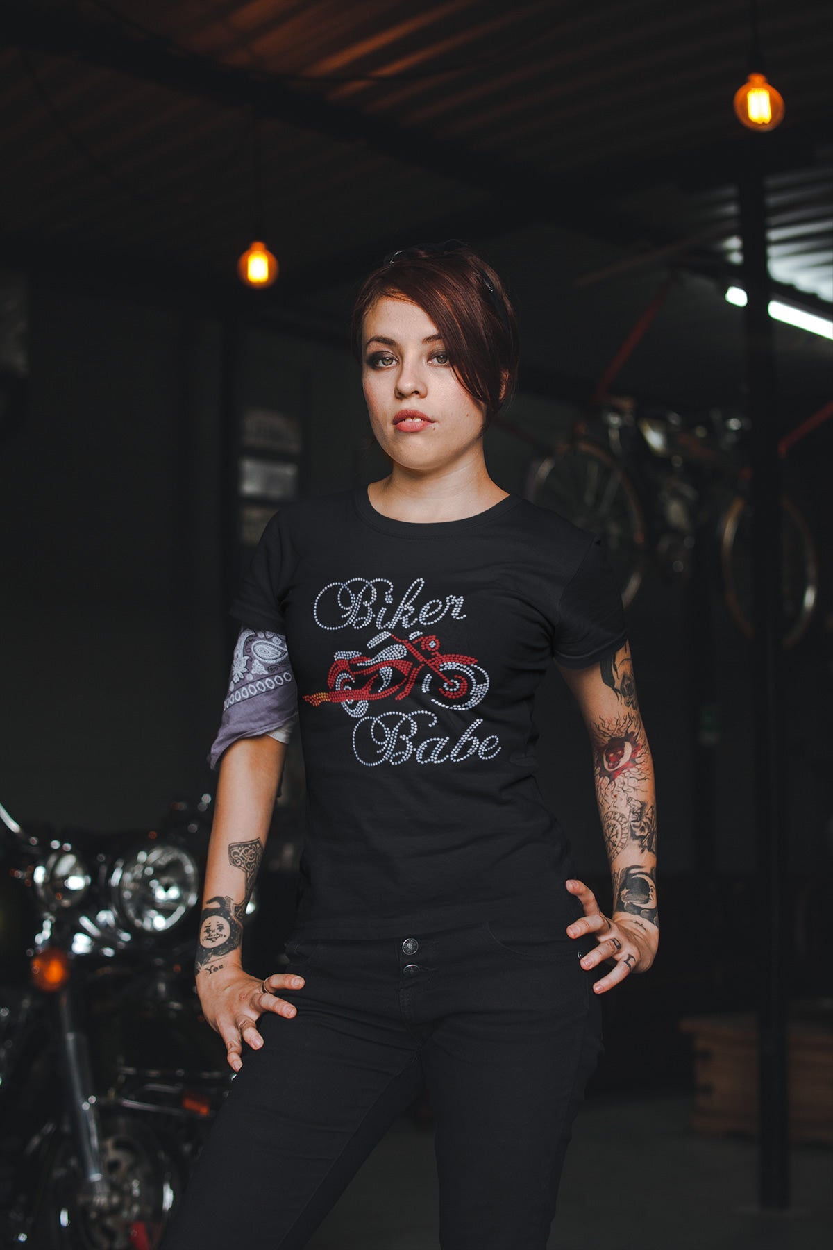 Biker Babe Rhinestone T-shirt; red motorcycle; Design BIKER-1