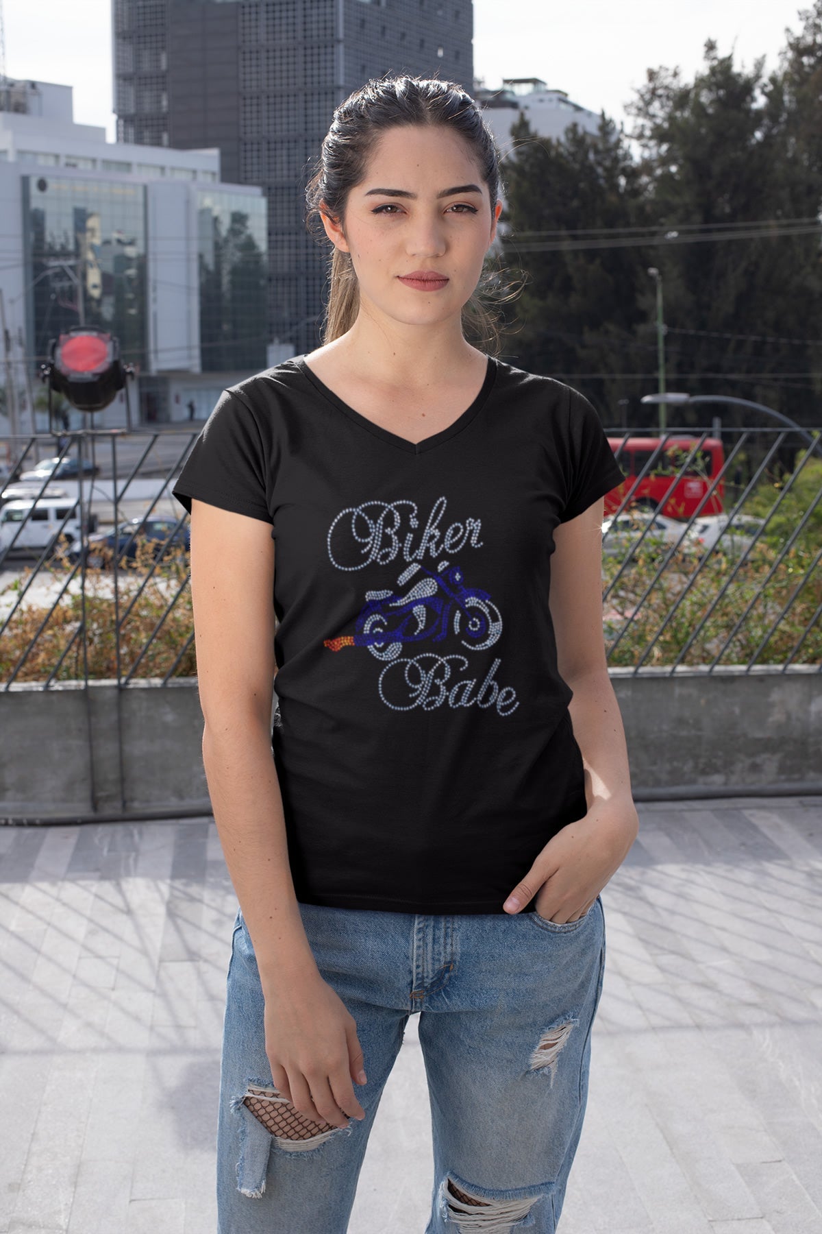 Biker Babe Rhinestone T-shirt; royal motorcycle; Design BIKER-2