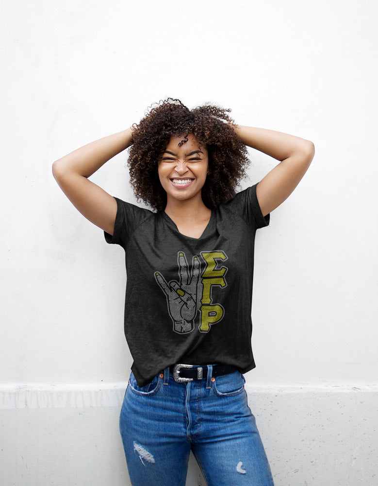 Sigma Gamma Rho Rhinestone T-shirt; hand, Greek; Design-SG2