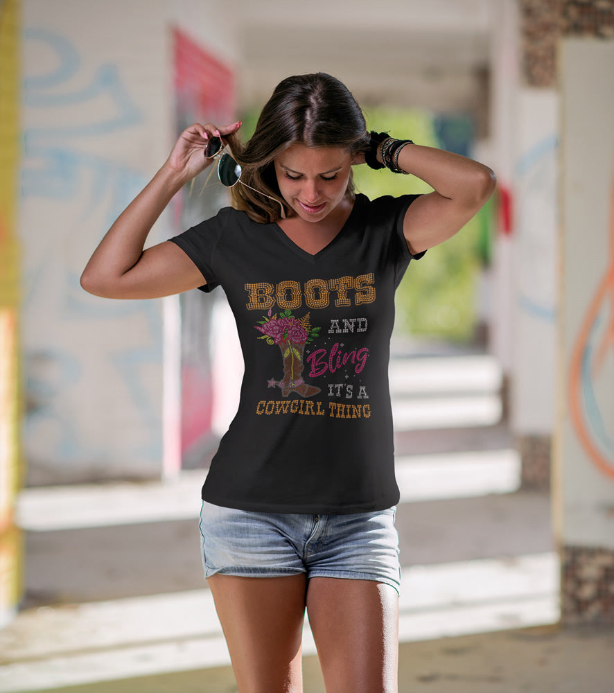 Boots and Bling It's A Cowgirl Thing Colorful Rhinestone T-shirt; western; Design WEST-3