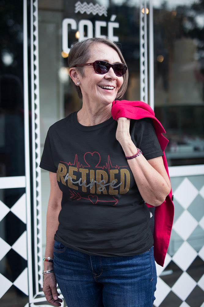 Retired Nurse Rhinestone T-shirt; strip; Design NURSE-4