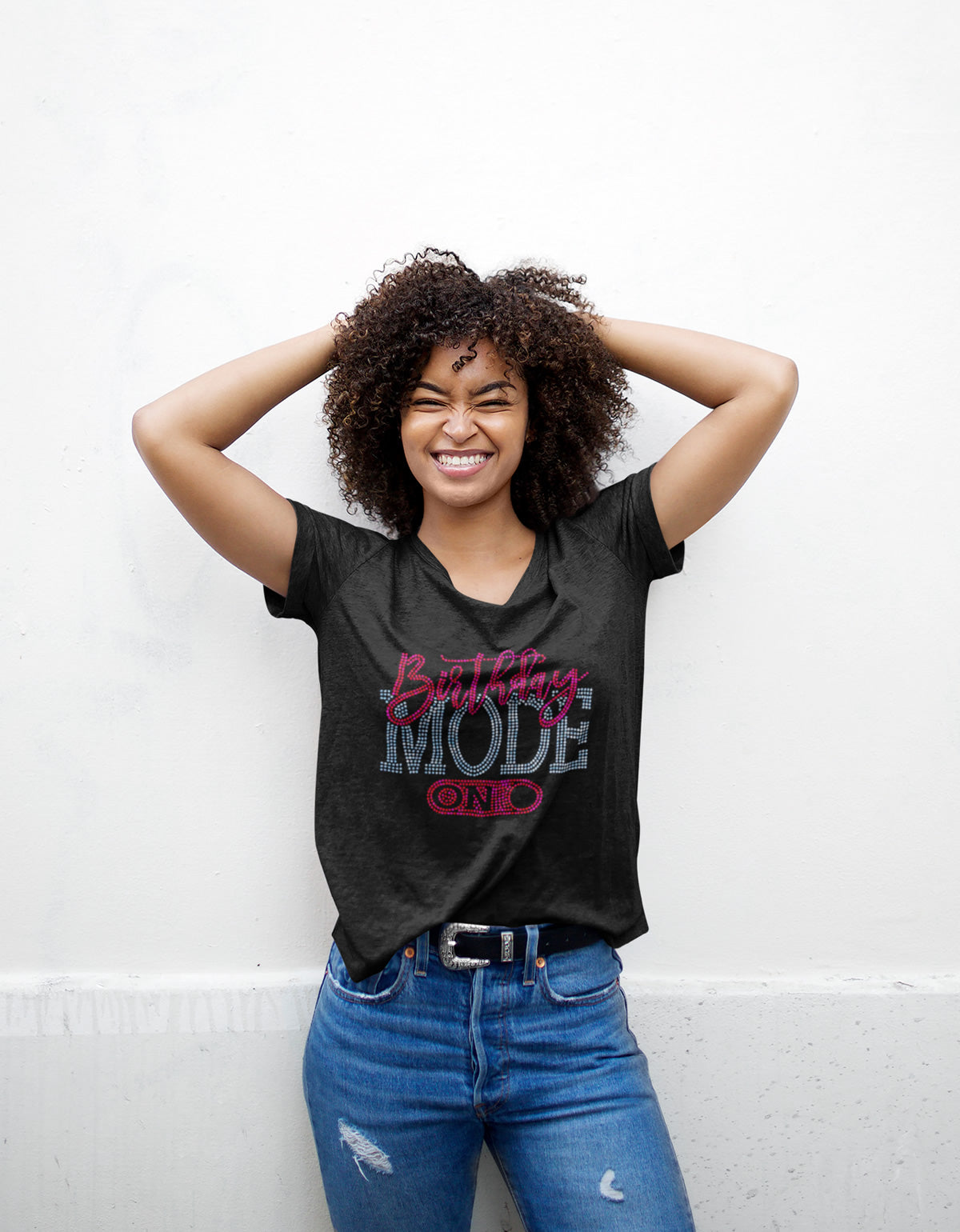 Birthday Mode On Rhinestone T-shirt; Design BDAY-3
