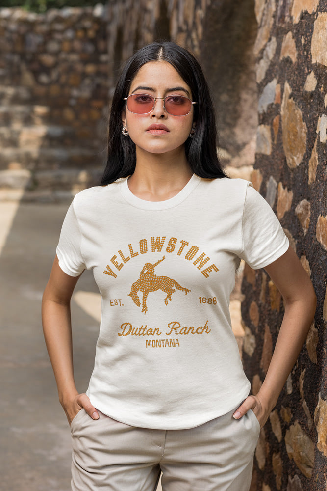 YELLOWSTONE Est 1886 Dutton Ranch Montana Rhinestone T-shirt; Cowboy, Cowgirl, Horse, Western; Design WEST-2