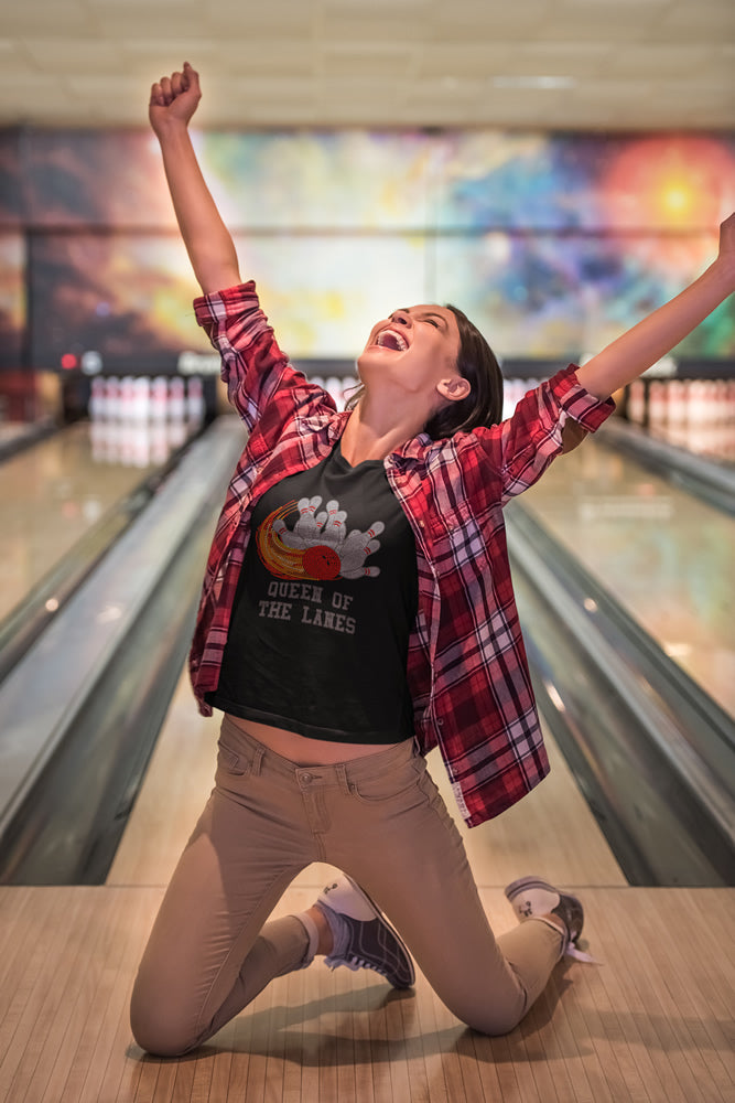 Queen of the Lanes Rhinestone T-shirt; bowling ball pins; ***FYI: Black rhinestones may appear gray on a mock-up! Design-BOWL1