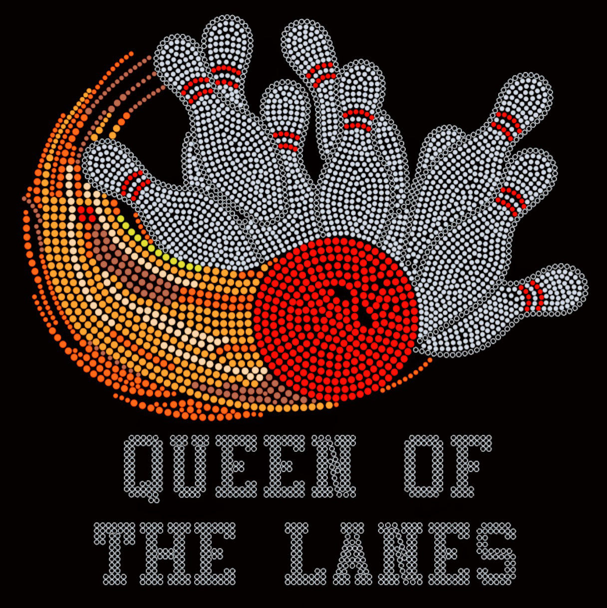 Queen of the Lanes Rhinestone T-shirt; bowling ball pins; ***FYI: Black rhinestones may appear gray on a mock-up! Design-BOWL1