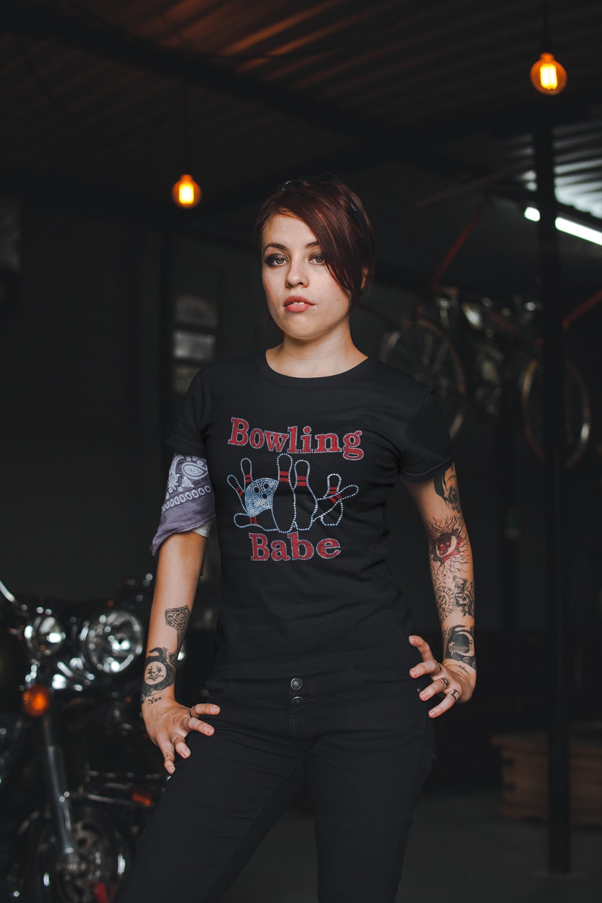 Bowling Babe Rhinestone T-shirt; ball, pins; Design-BOWL2