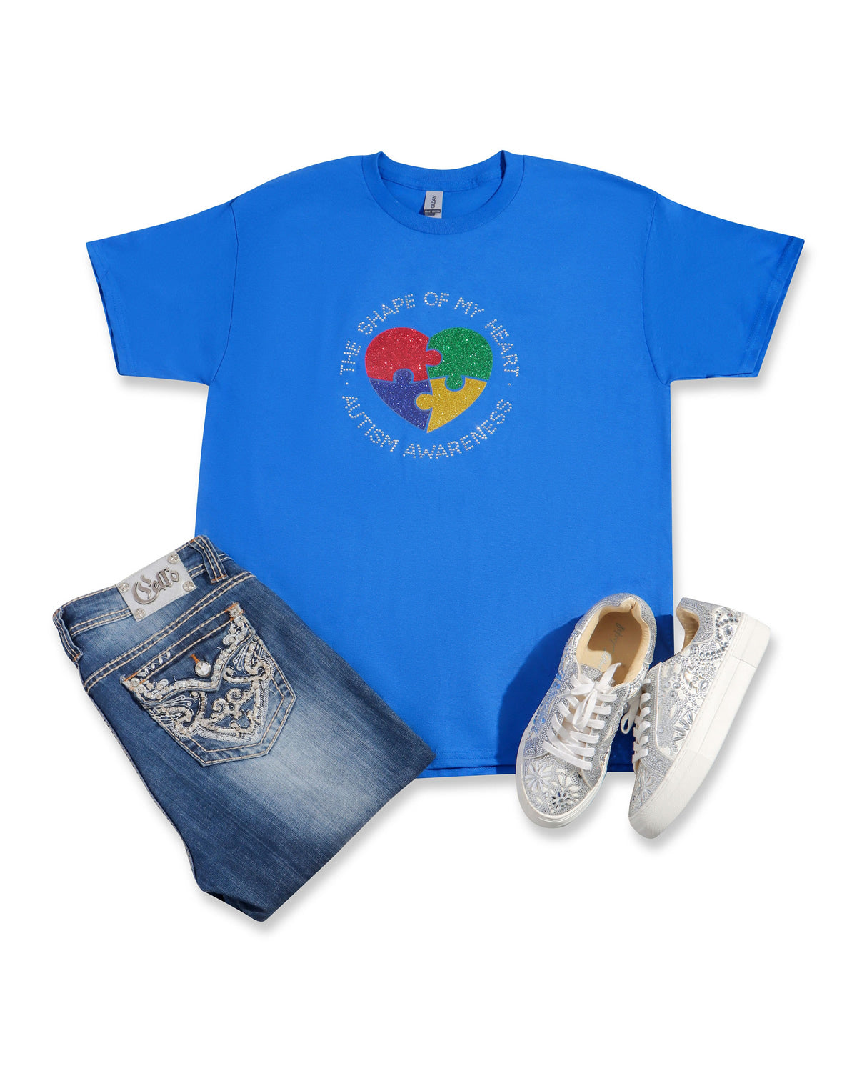 THE SHAPE OF MY HEART AUTISM AWARENESS Rhinestone T-shirt; puzzle pieces; Large design; ***PLEASE NOTE: The glitter vinyl has be replaced with rhinestones now. Please see black mock-up! Design AUT-3