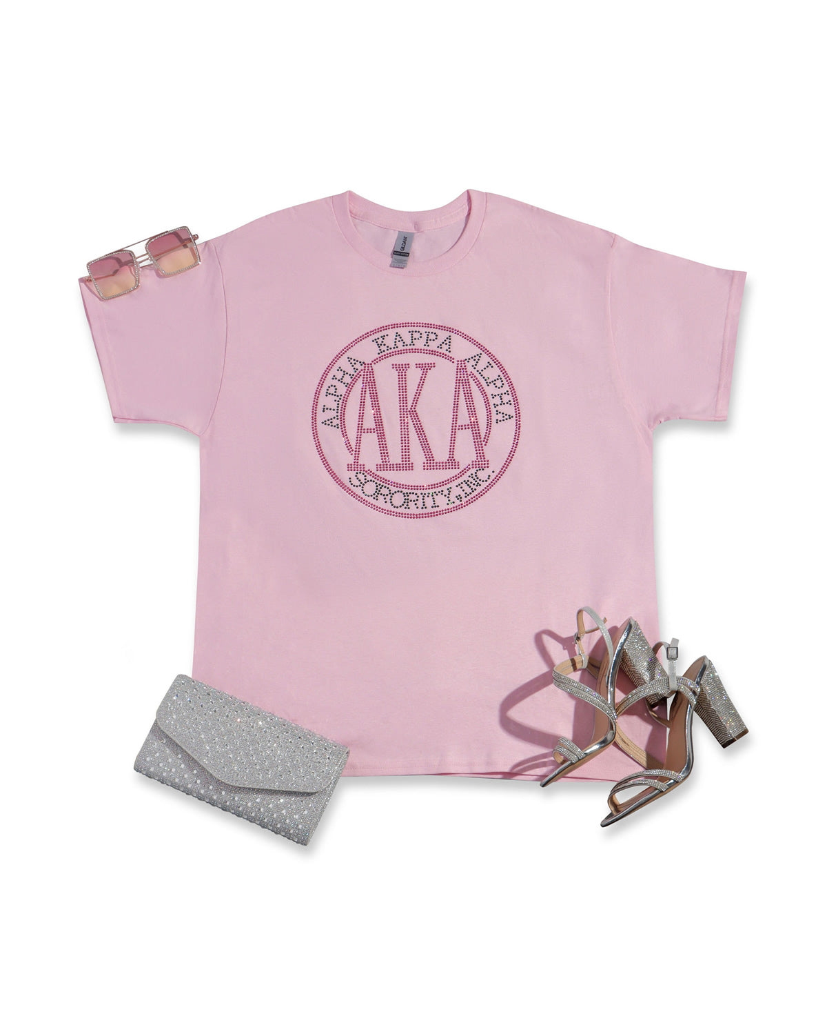 AKA Sorority, Inc.Circle Emblem Rhinestone T-shirt; Alpha Kappa Alpha, Greek; Design-AK4