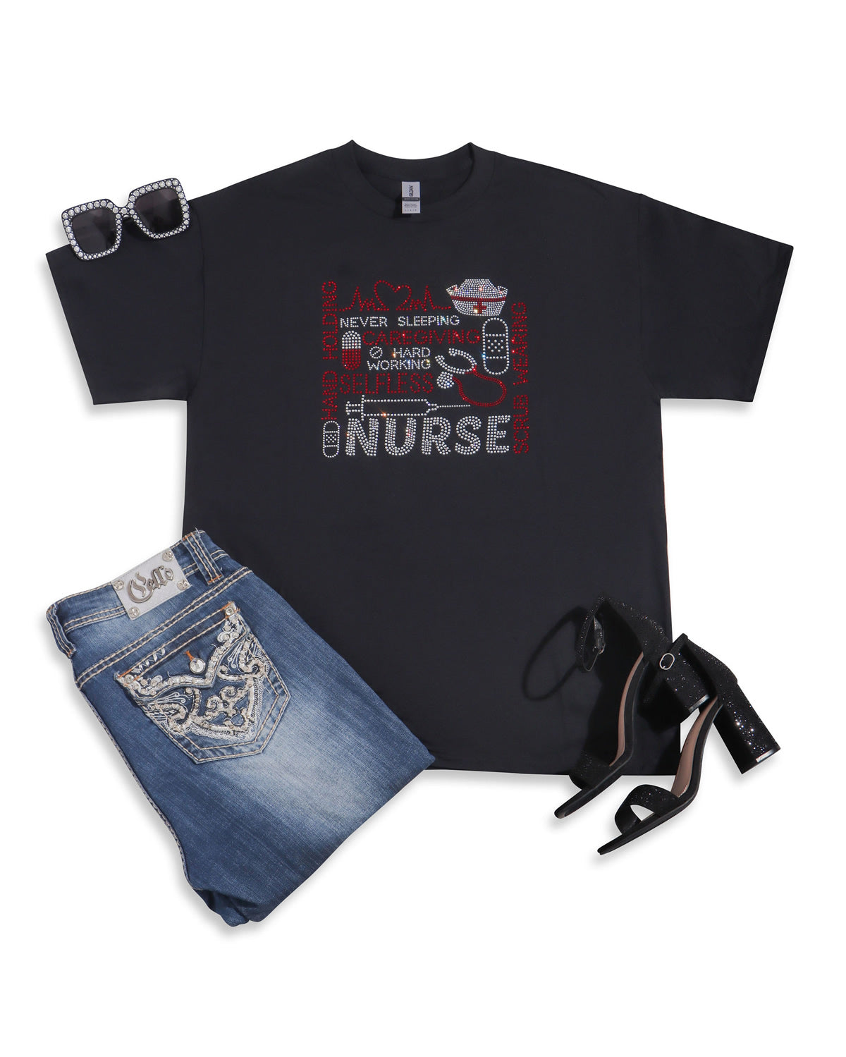 Hand Holding Scrub Wearing Nurse Rhinestone T-shirt; nursing; Design NURSE-1