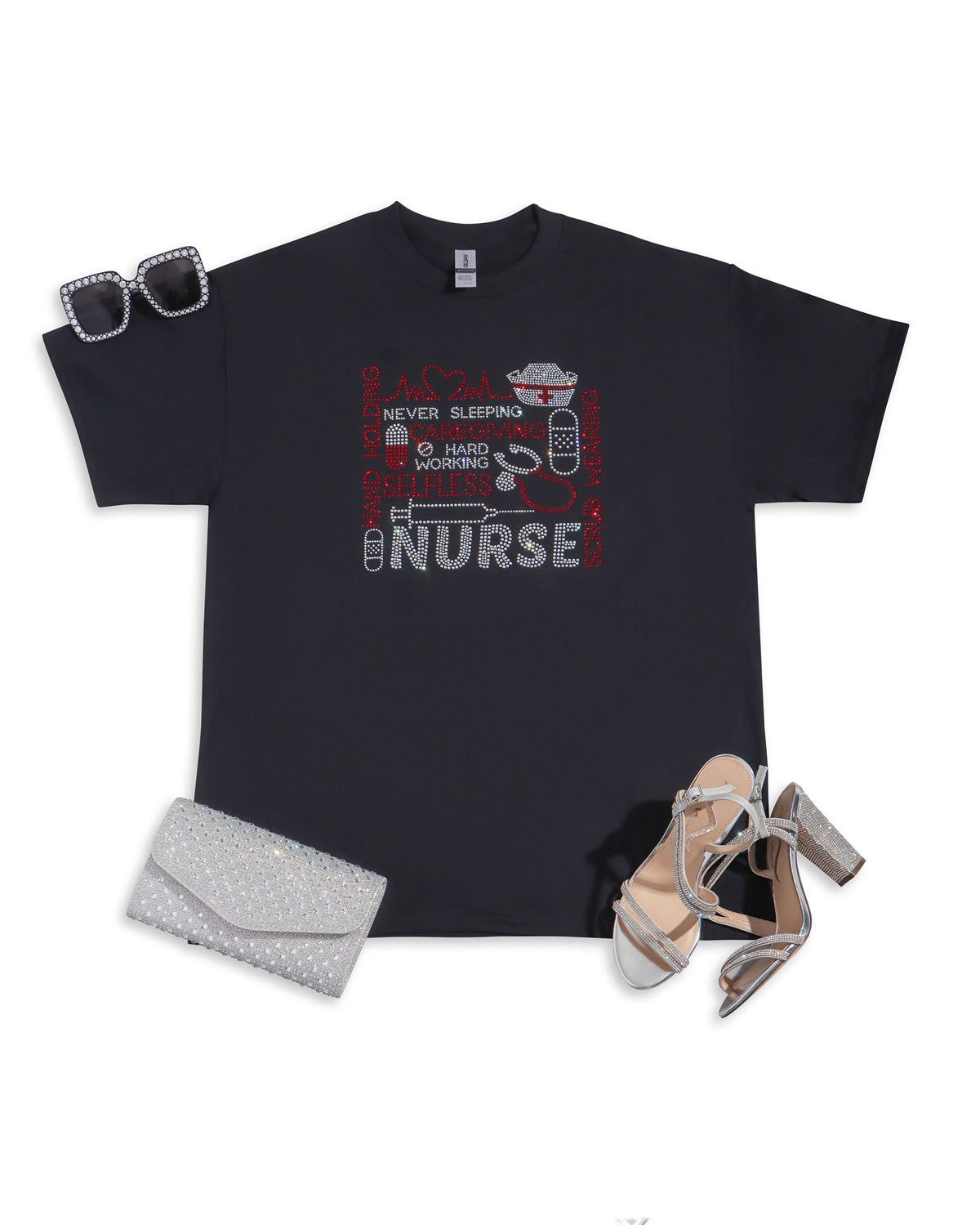 Hand Holding Scrub Wearing Nurse Rhinestone T-shirt; nursing; Design NURSE-1