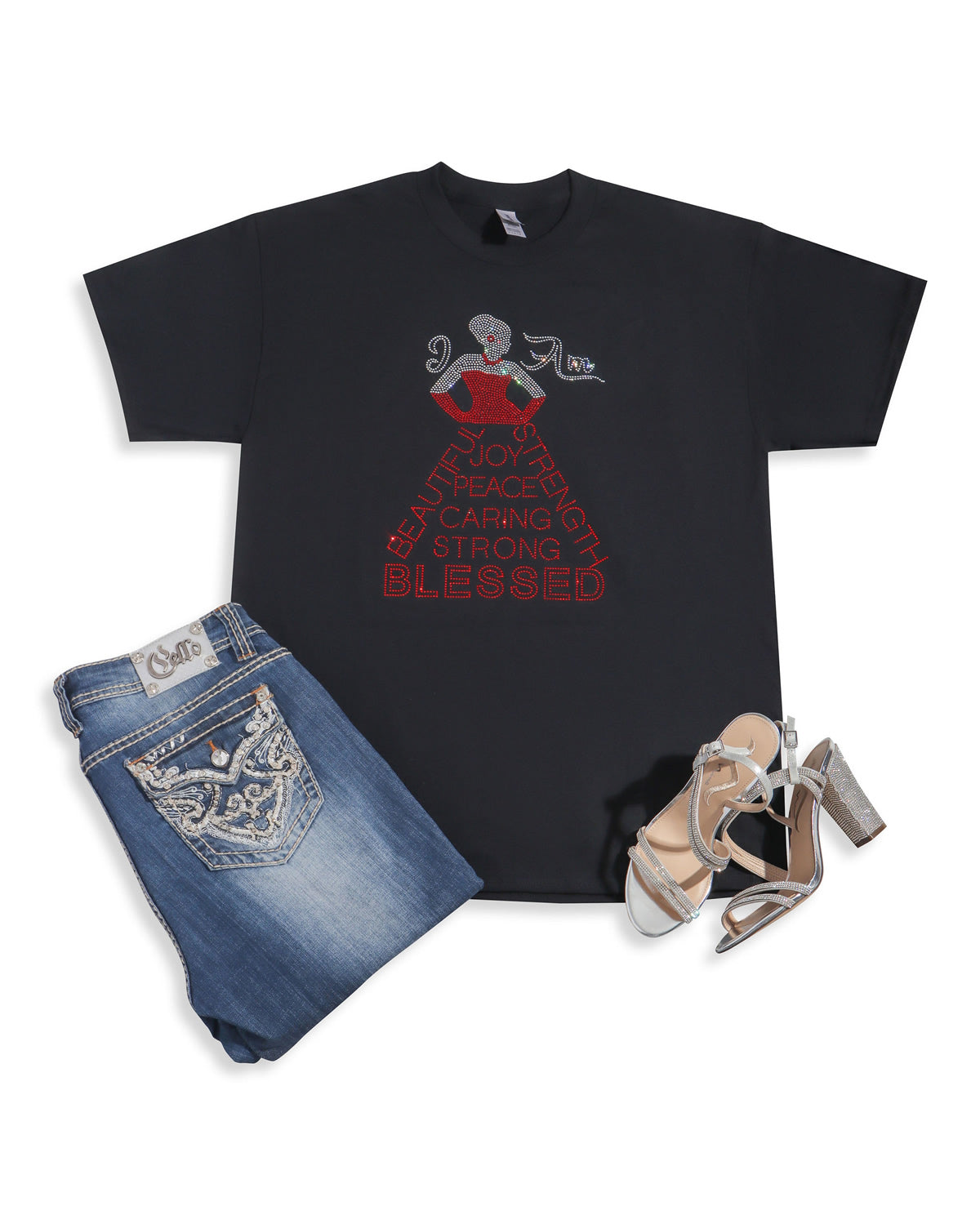 I Am Beautiful Strength Joy Peace Caring Strong Blessed Rhinestone T-shirt; religious, dress; Large design; Design BLES-4