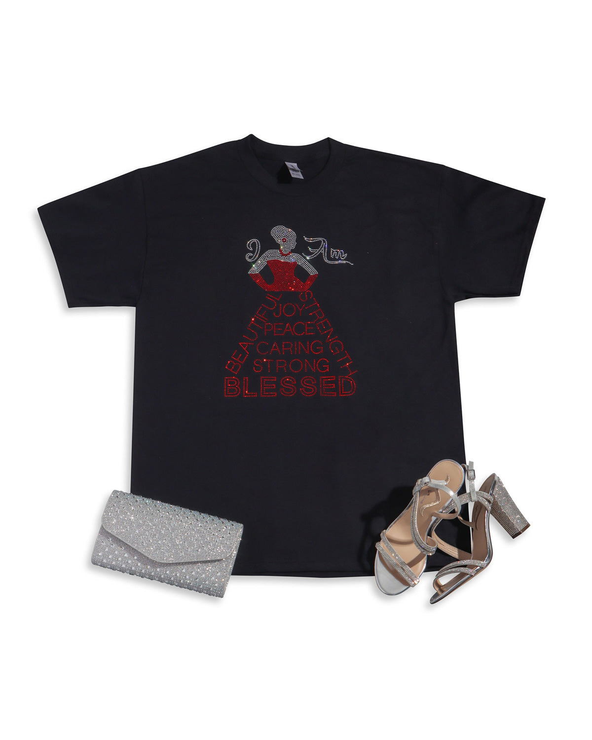I Am Beautiful Strength Joy Peace Caring Strong Blessed Rhinestone T-shirt; religious, dress; Large design; Design BLES-4