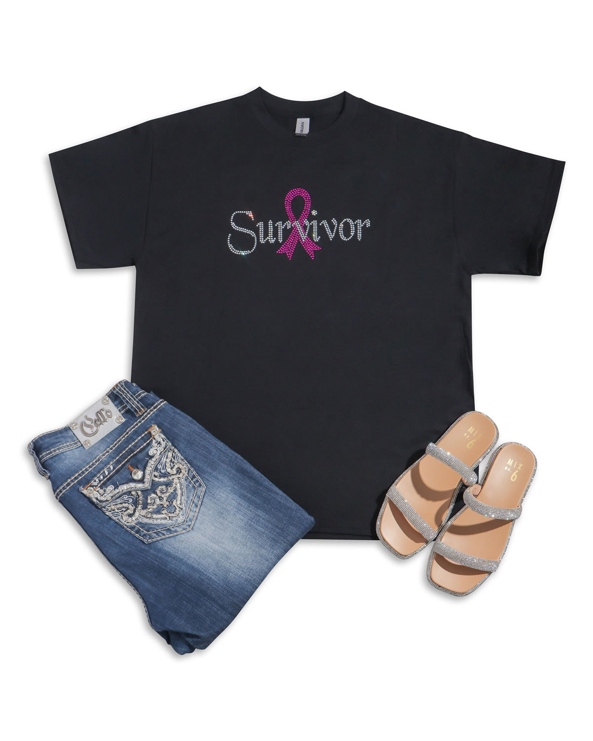 Survivor Pink Ribbon Rhinestone T-shirt; Breast Cancer; Design-BC3