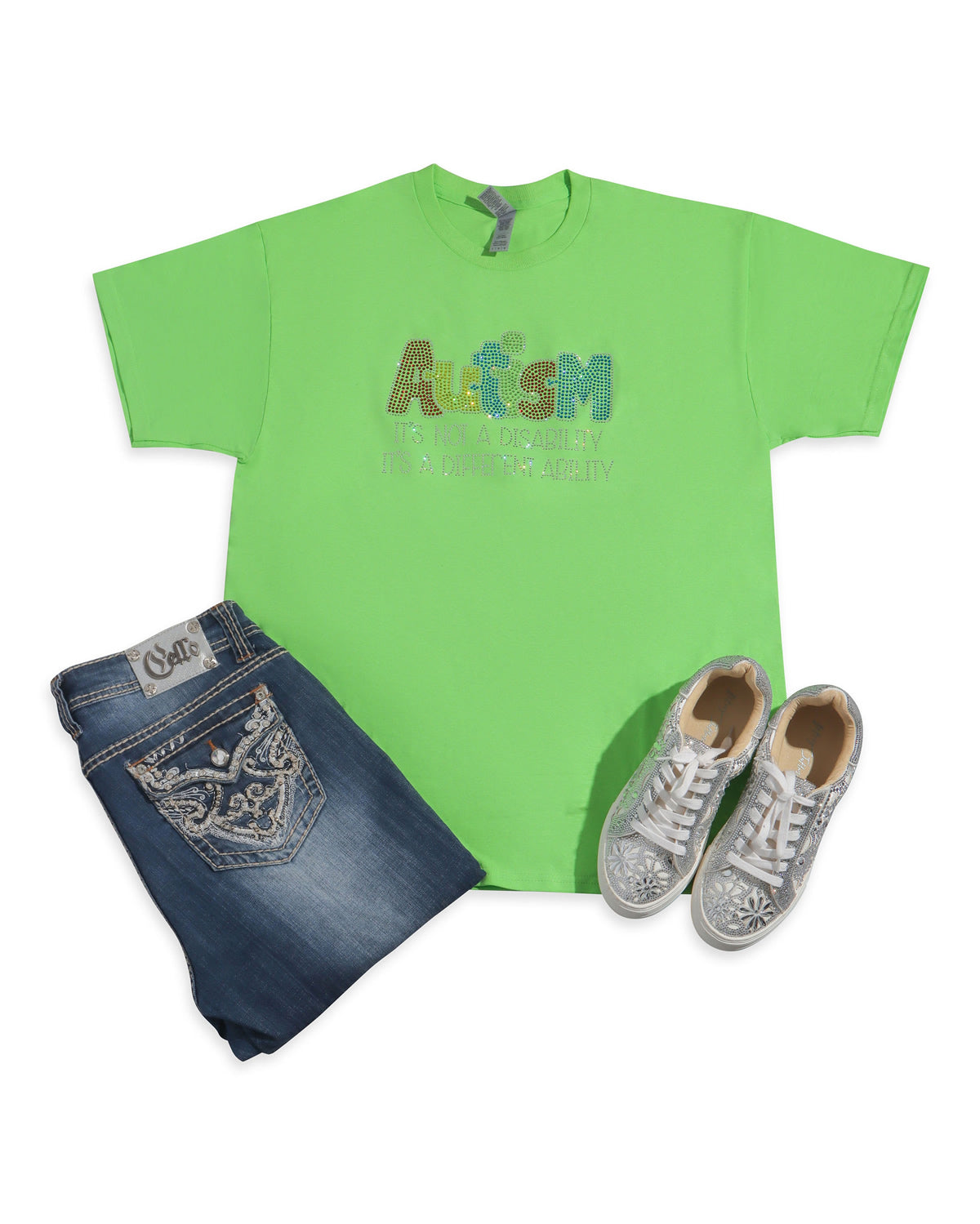 Autism It's Not a Disability It's a Different Ability Colorful Rhinestone T-shirt; Large design; Design AUT-2