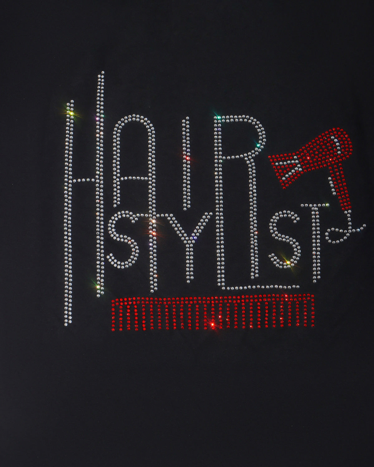 Hair Stylist Rhinestone T-shirt; blow dryer, comb; Large design; Design HAIR-1