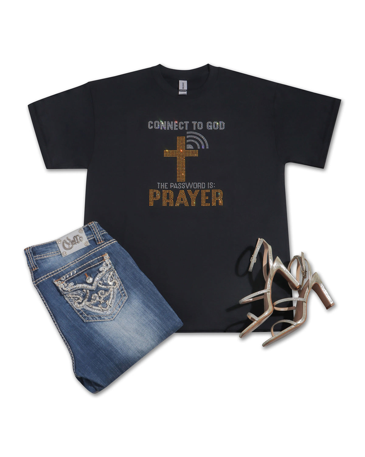 CONNECT TO GOD THE PASSWORDS IS: PRAYER Rhinestone T-shirt; religious; Design-RELG14