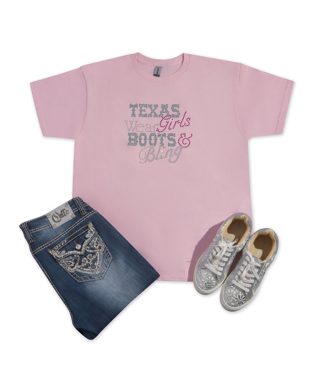 TEXAS Girls Wear BOOTS & Bling Rhinestone T-shirt; Design WEST-6