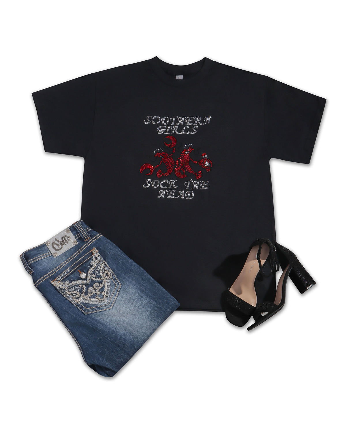 Southern Girls Suck The Head Rhinestone T-shirt; crawfish, Louisiana; Large design; Design MISC-3