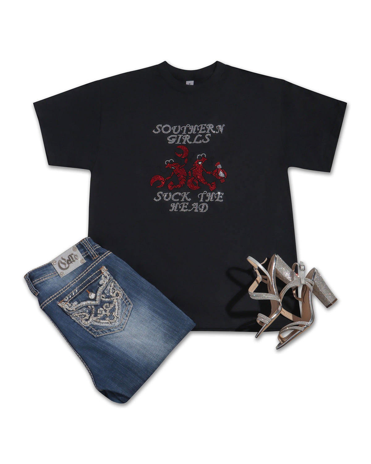 Southern Girls Suck The Head Rhinestone T-shirt; crawfish, Louisiana; Large design; Design MISC-3